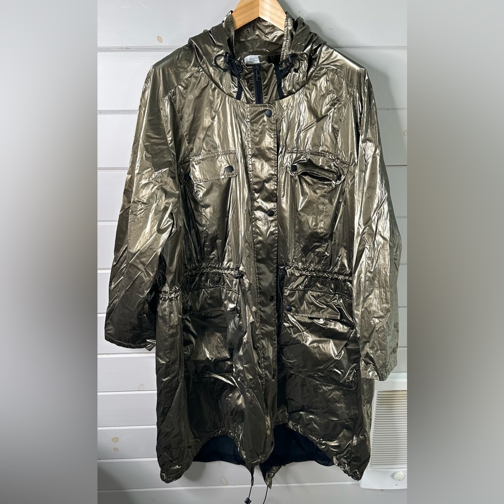 Metallic Olive Green Hooded Rain Parka Or Rain Coat